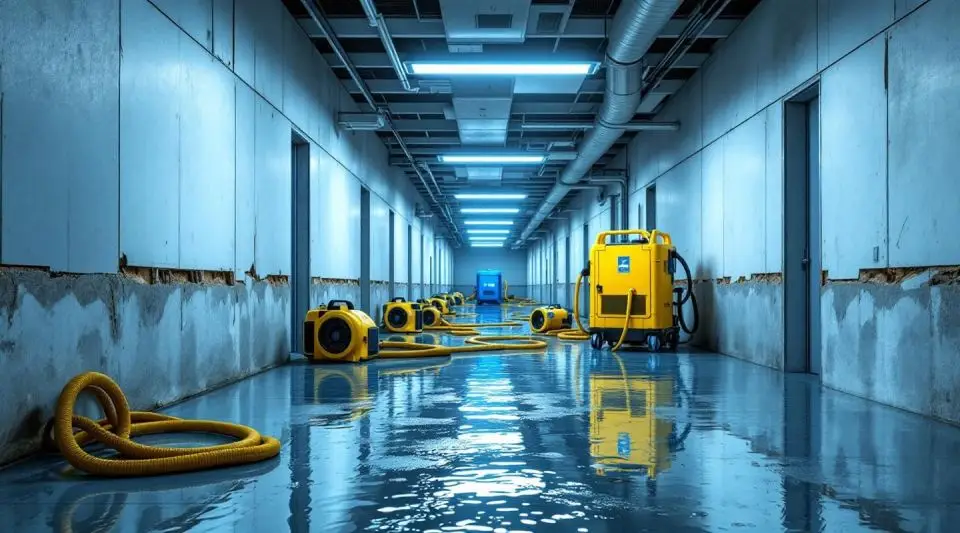 Professional restoration crew using industrial water extraction equipment in an Arlington commercial office building.