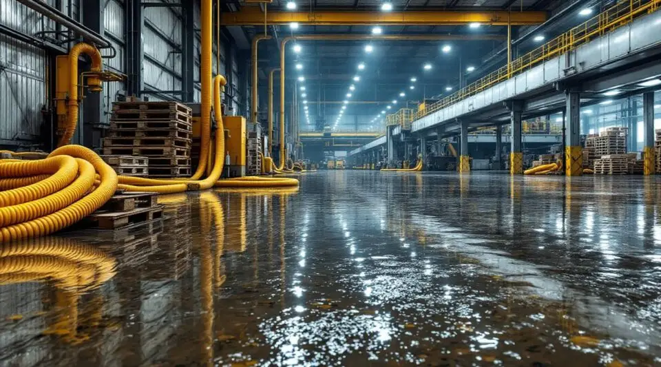 Technicians deploying high-capacity water extraction hoses and industrial desiccant dehumidifiers in a flooded Arlington warehouse.
