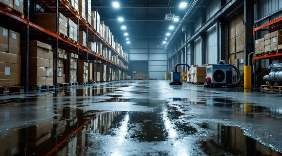 Professional technicians using high-capacity water extraction equipment on a large warehouse floor in Arlington.