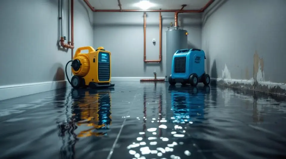 Professional restoration technician performing water extraction on a flooded Arlington basement floor with industrial equipment.